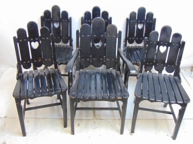 Set 6 chairs, slatted back & seat with heart cut outs, black painted, one arm & 5 side, come with
