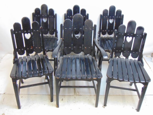 Set 6 chairs, slatted back & seat with heart cut outs, black painted, one arm & 5 side, come with (1 of 5)