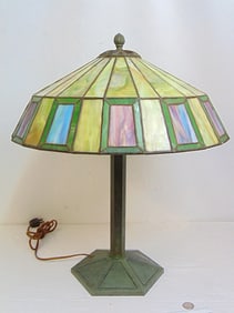 Bradley & Hubbard table lamp with paneled shade, height is 22.5", shade in good condition.