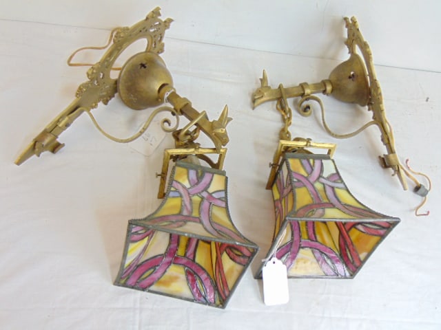 Pair arts & crafts wall sconces with leaded shades, bronze wall mounts with devil head rods, shades (1 of 6)