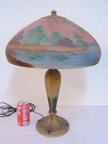 Jefferson table lamp with reverse painted glass shade, base & shade both signed, shade is 16" in