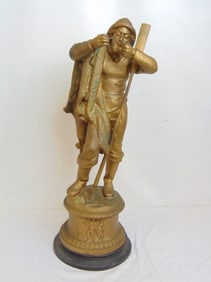 Spelter figural, Fisherman with pipe, gold painted, height is 25.5"