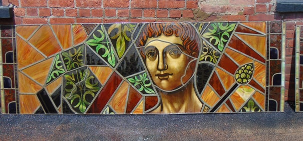 Large stained & leaded glass mural, 6 large panels, one panel is as is, some breaks, each panel is