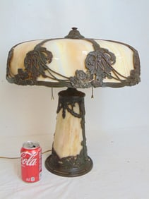 Slag glass table lamp with glass base & shade with curved panels, art nouveau influenced, lamp is