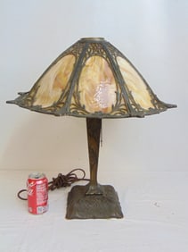 Table lamp with slag glass panel shade, 8 curved panels, decorative base, lamp is 21.25" tall, shade