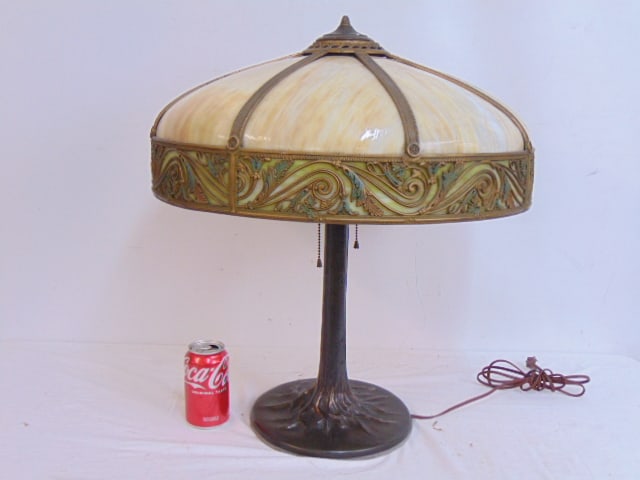 Large slag glass table lamp with panel shade, on rustic tree form base, height is 23.5", shade is (1 of 6)