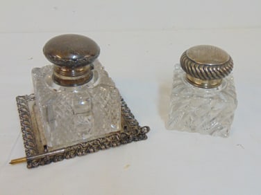 2 heavy crystal inkwells, one on Gorham sterling plate, with sterling lid, pen, sterling tray, base