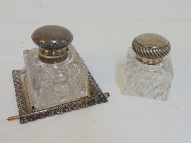 2 heavy crystal inkwells, one on Gorham sterling plate, with sterling lid, pen, sterling tray, base (1 of 5)