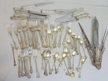 Set sterling flatware in case, 57.5 troy plus handles, note, mixed lot, various makes & (fancy)