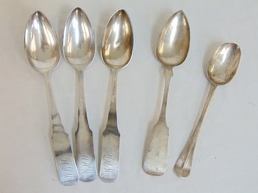 5 large coin silver spoons, one by Charles Babcock, one by D. Rogers & 3 by W.B Heyer, Rogers spoon