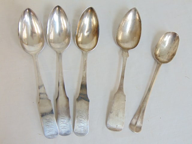 5 large coin silver spoons, one by Charles Babcock, one by D. Rogers & 3 by W.B Heyer, Rogers spoon (1 of 5)