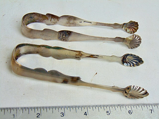 2 coin silver clamshell tongs, one marked Fellows, other marked Willard, 2.6 troy, 6.6" (1 of 4)