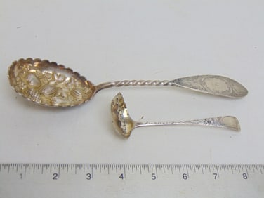 2 silver spoons, berry & mote, berry spoon has reticulated bowl, nicely decorated, 2.6 troy, Bailey