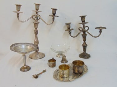 Lot sterling, includes weighted silver candle holders, tazza, sterling base glass bowl, 11 troy plus
