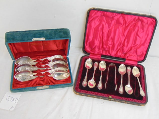 2 sets sterling spoons, boxes, set of 6 spoons by Whiting Mfg. Company & set 6 tea spoons & tongs (1 of 6)