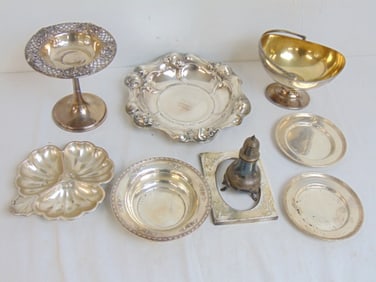 Lot sterling silver hollowware, tazza, bowls, frame, saucers, total weight 33.5 troy
