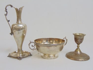 Silver lot, Gale & Willis Sterling bowl, '800 ewer & '800 silver Iranian candle holder, 20.5 troy,