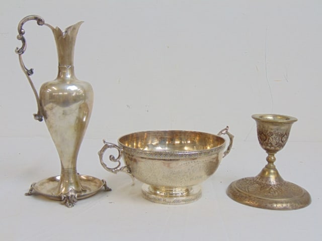 Silver lot, Gale & Willis Sterling bowl, '800 ewer & '800 silver Iranian candle holder, 20.5 troy, (1 of 8)