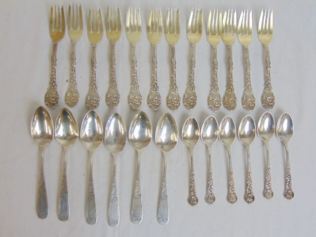 Lot misc. silver flatware, set 12 fancy sterling lunch forks, set 6 spoons marked J.S. McDonald & 6 (1 of 6)