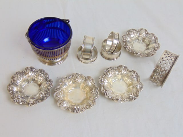 Sterling lot, napkin rings, 4 fancy nut dishes, reticulated sugar bowl with cobalt glass insert, 11 (1 of 4)