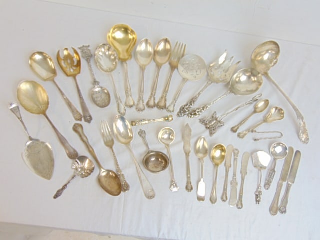 Large lot misc. sterling silver flatware, serving pieces, including large soup ladle, several pairs (1 of 7)