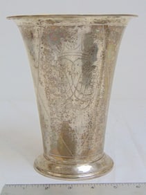Sterling silver beaker, vase by K. Anderson, with armorial engraving, 7.5" tall, top diameter is