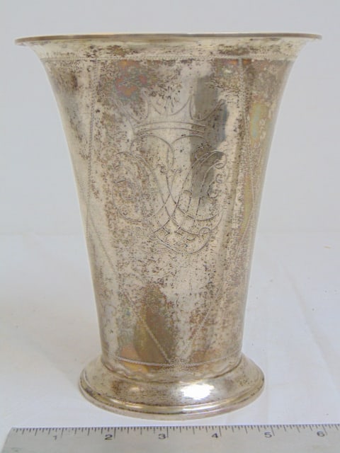 Sterling silver beaker, vase by K. Anderson, with armorial engraving, 7.5" tall, top diameter is (1 of 5)
