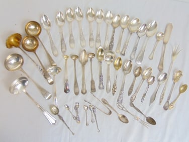Large lot misc. sterling silver flatware, spoons, various ladles, salt spoons, tongs, one fork, 31.5