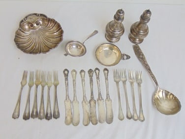 Lot sterling silver, flatware, shell dish, salt & pepper, decorative serving spoon decorated with