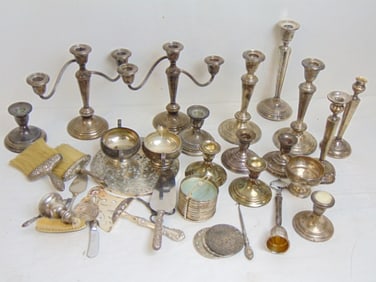 Large lot weighted sterling, candle sticks & holders, coasters, brushes, more