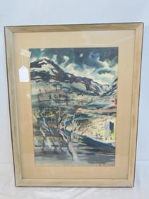 Painting, watercolor, signed Arthur K. D. Healy, scene of a town in the mountains, 29" x 22 1/4"