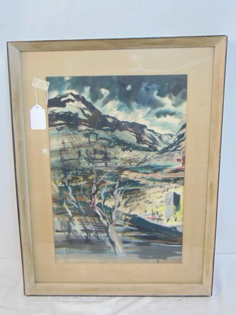 Painting, watercolor, signed Arthur K. D. Healy, scene of a town in the mountains, 29" x 22 1/4" (1 of 3)