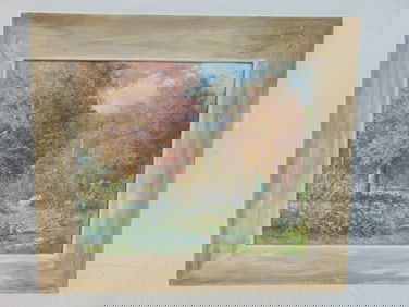 Painting, landscape with fence, signed Geo. Parker, oil on canvas, 20.25" by 24", framed size is