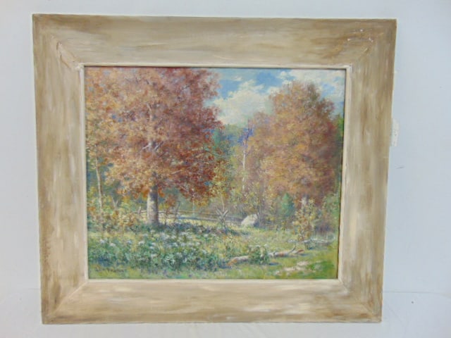 Painting, landscape with fence, signed Geo. Parker, oil on canvas, 20.25" by 24", framed size is (1 of 5)