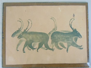 Stencil art, Cape Dorset Caribu, by Kakulu Saggiatok, Inuit artist, 8 5/8" by 12", 10" by 13" total