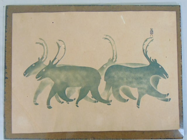 Stencil art lithograph Cape Dorset Caribu, by Kakulu Saggiatok, Inuit artist, (1 of 4)