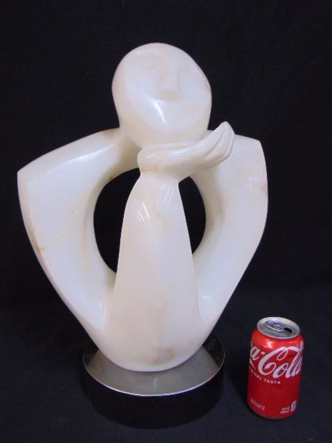 Marble carved sculpture, figure, signed M. Gluck, '87, on round chrome base, sculpture is 18.25" (1 of 5)