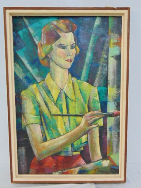 Painting, portrait (self ) of the artist painting, F.R. Ferryman (Franz Revesz-Ferryman), oil on: Painting, portrait (self ) of the artist painting, F.R. Ferryman (Franz Revesz-Ferryman), oil on canvas, canvas is 30" by 20", framed 33" by 22 7/8"