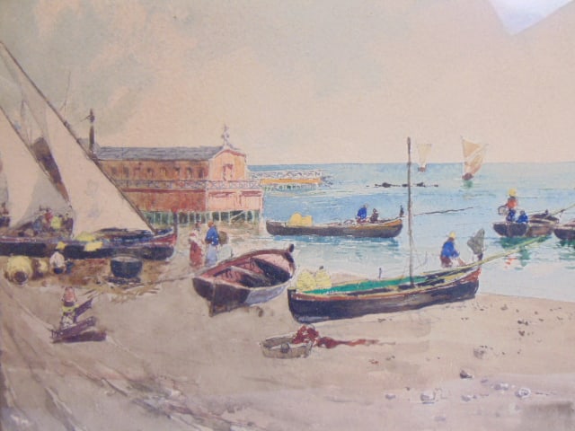 Painting, Italian coastal scene with figures, boars, signed illegibly, watercolor, 16.5" by 23.25" (1 of 3)