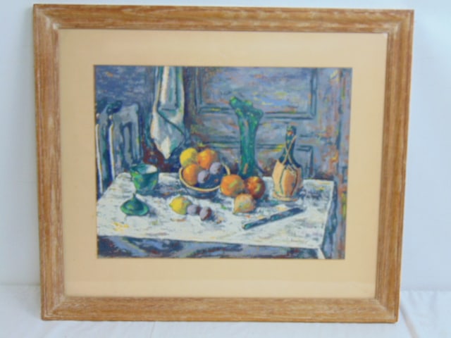 Painting, still-life with fruit and wine, signed Shoulberg, 1945, (Harry), pastel, 13" by 17" ( 21": Painting, still-life with fruit and wine, signed Shoulberg, 1945, (Harry), pastel, 13" by 17" ( 21" by 24.5" framed)