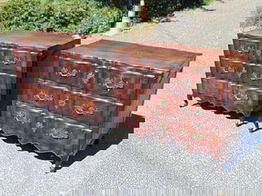 Pair decorative serpentine front chests, one pull broken, each chest is 40" wide, 20.25" deep,