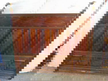 Herter Brothers Rosewood bed inlaid with brass, carved bronze fruit finial, 55 1/2" length 53 1/2"