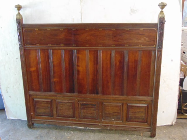 Herter Brothers Rosewood headboard inlaid brass, carved bronze fruit finial, 55 1/2" length 53 1/2" (1 of 5)