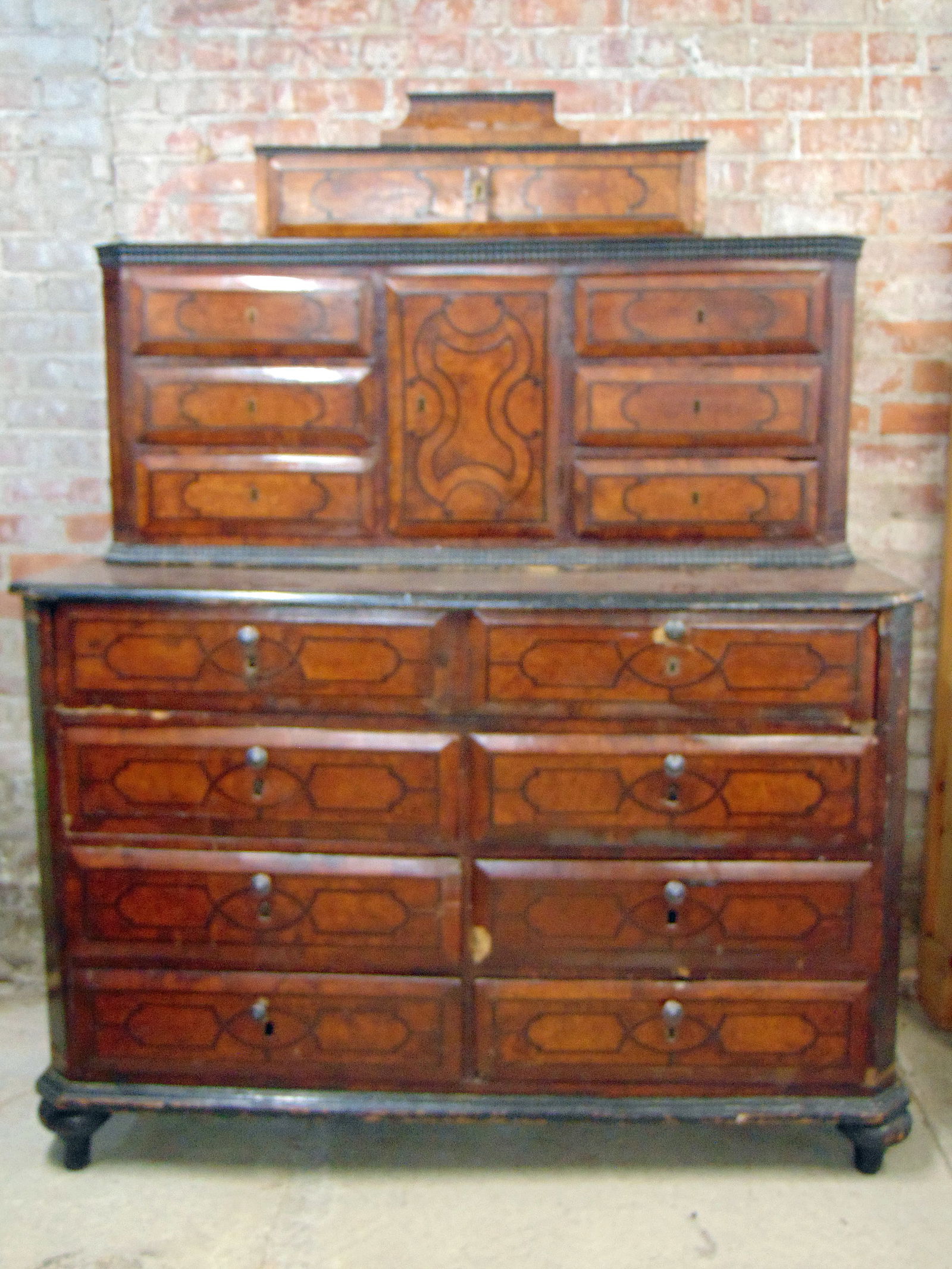 Early Biedermeier inlaid butlers chest with step back top, pull out desk space, cabinet is 64" tall, (1 of 9)