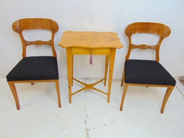 Pair Biedermeier chairs & side table with drawer, stand has cross stretcher base and is 23.25" by