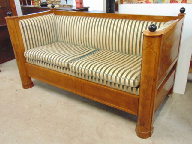 Period Biedermeier box sofa, loveseat with inlaid detail, black columns, striped upholstery, (1 of 8)