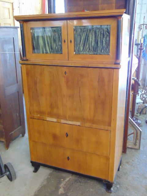 Biedermeier secretaire abattant, has veneer damage, top right molding loose, cabinet is 38.5" by (1 of 4)