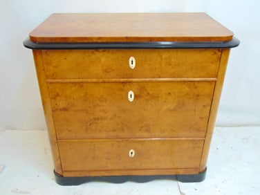Period Biedermeier chest drawers, three drawers, birds eye with black accents, "Joseph Rothe,