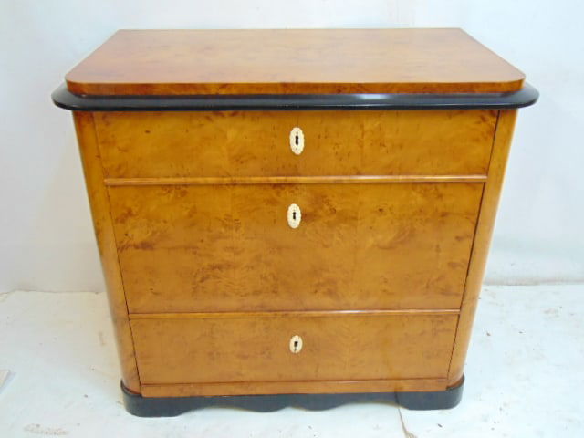 Period Biedermeier chest drawers, three drawers, birds eye with black accents, "Joseph Rothe, (1 of 8)