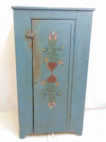 Single door pine cupboard in blue paint, floral paint decorated door 27.75" by 18", height is 50.5"